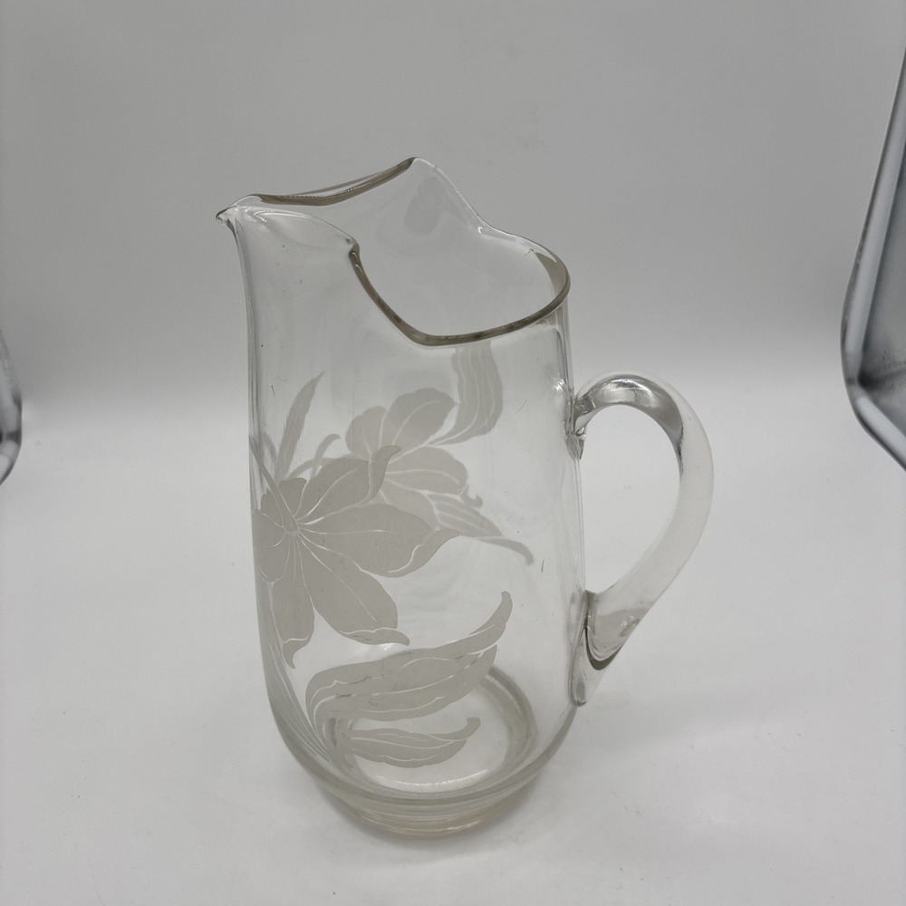 Vintage Clear Glass Pitcher with etched Flowers 10 inches tall  64 ozs